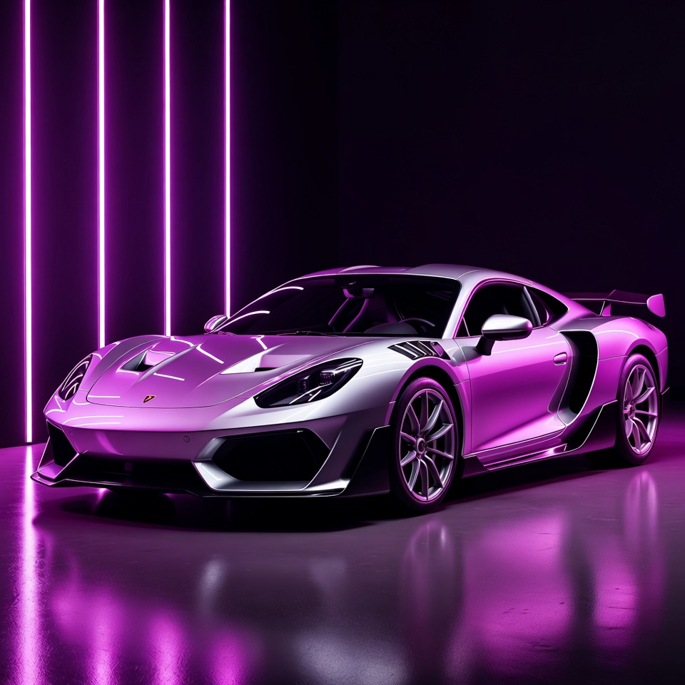 A Sports Car In A Neon Studio — Product Shot