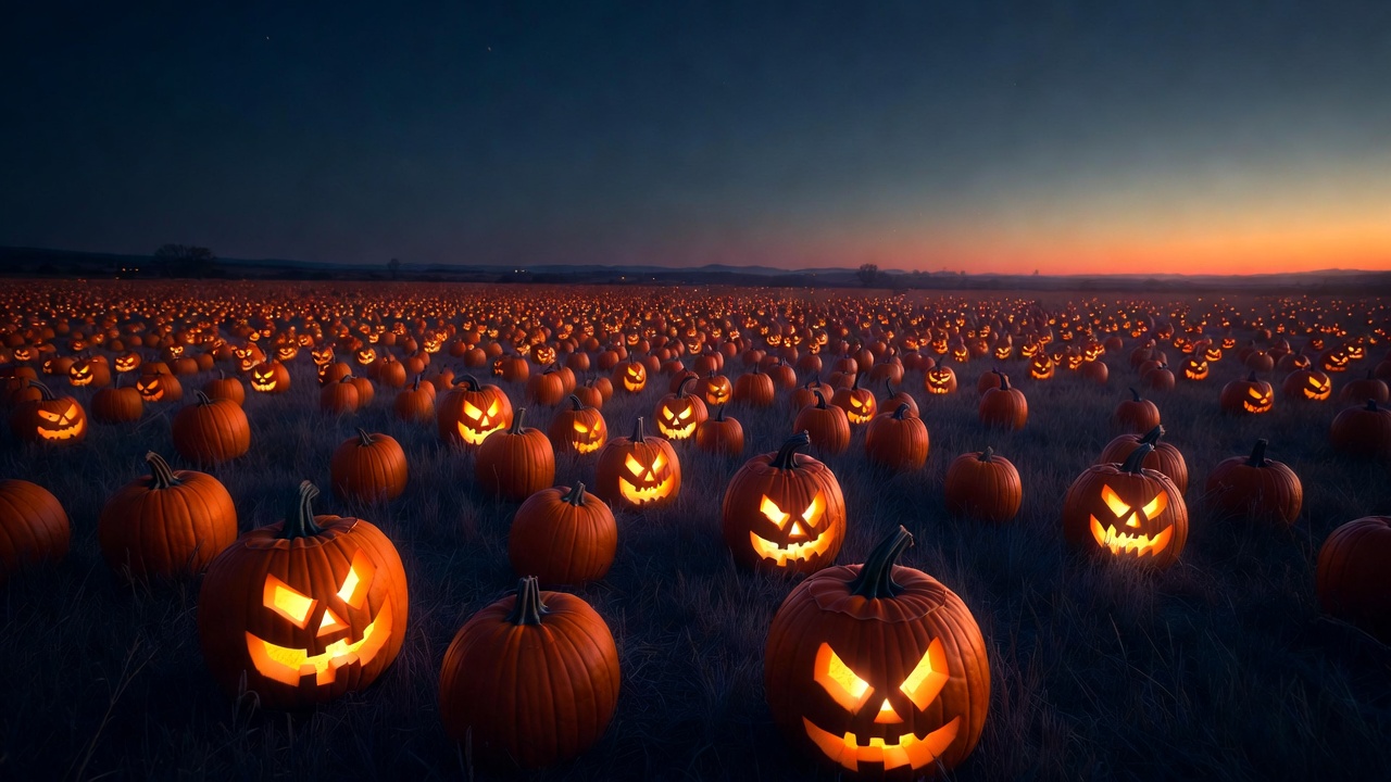 A Halloween Pumpkin Field At Dusk — Landscape