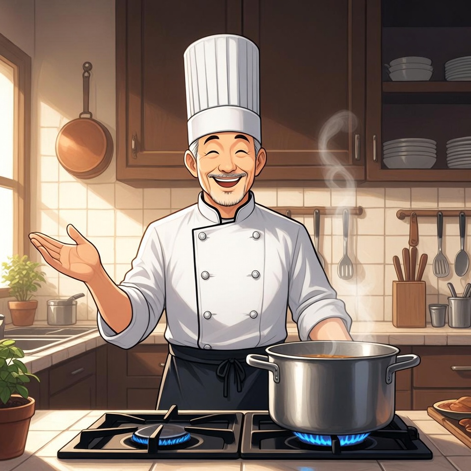 A Cheerful Chef Cooking In A Warm Kitchen — Anime Art