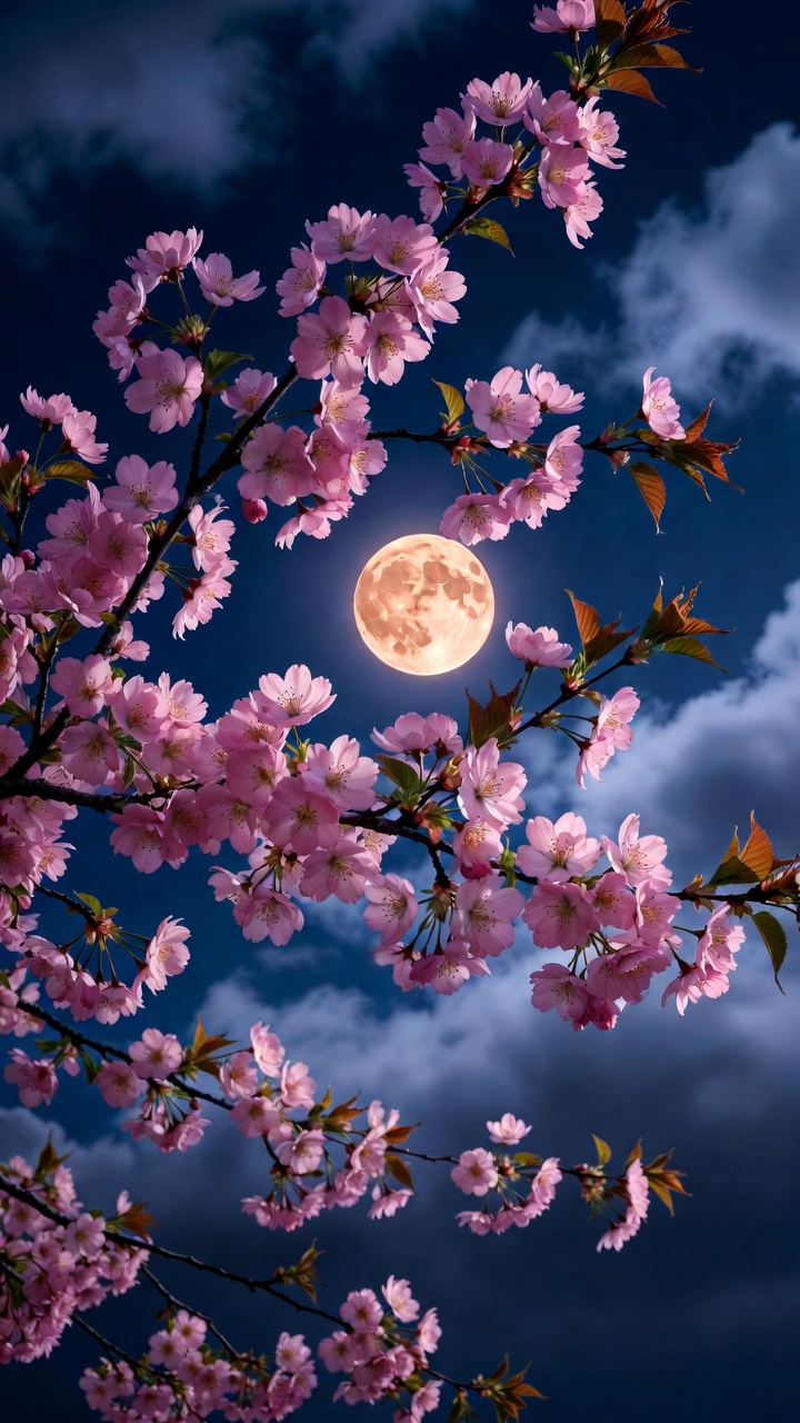 Cherry Blossom Branches Under A Full Moon — Phone Wallpaper