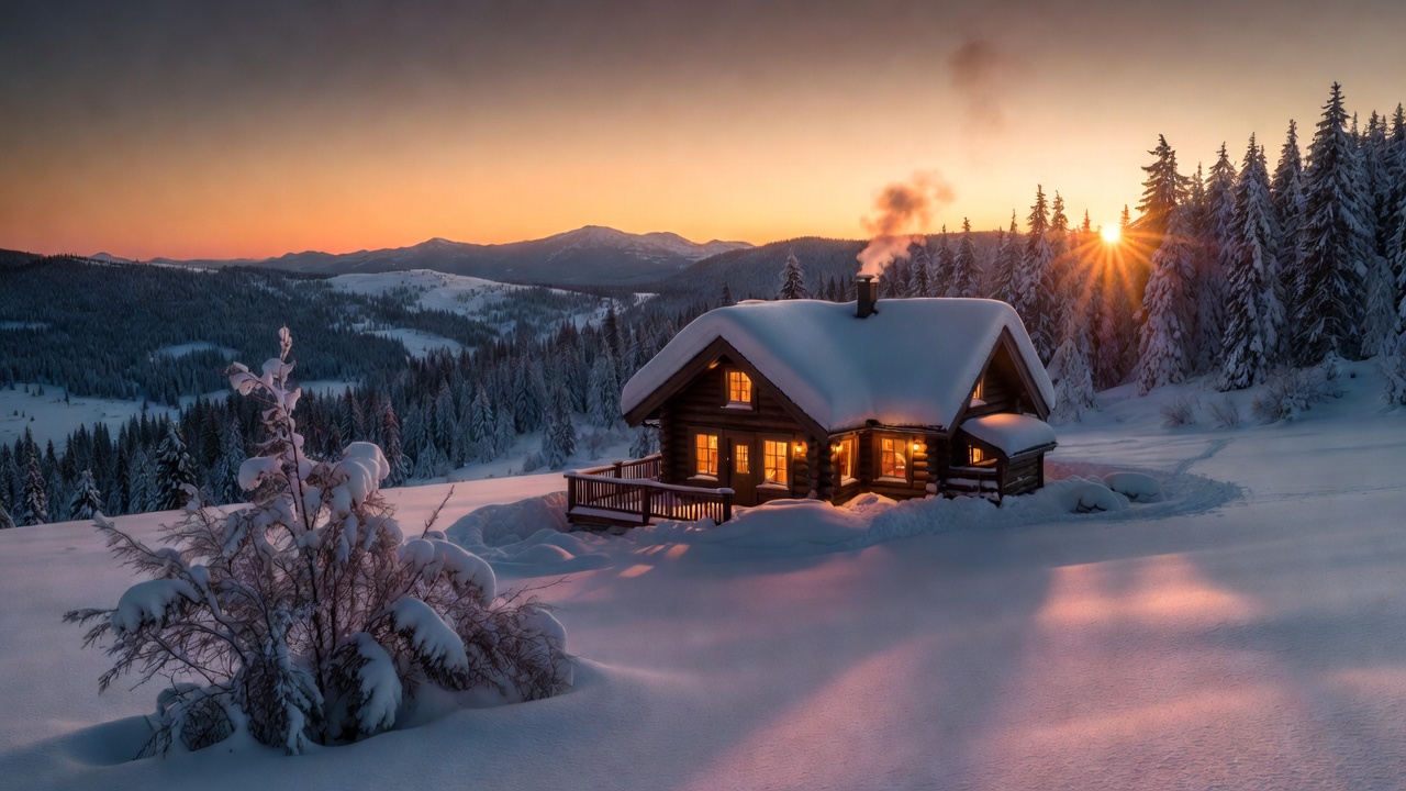 A Cozy Christmas Cabin Glowing In The Snow — Landscape