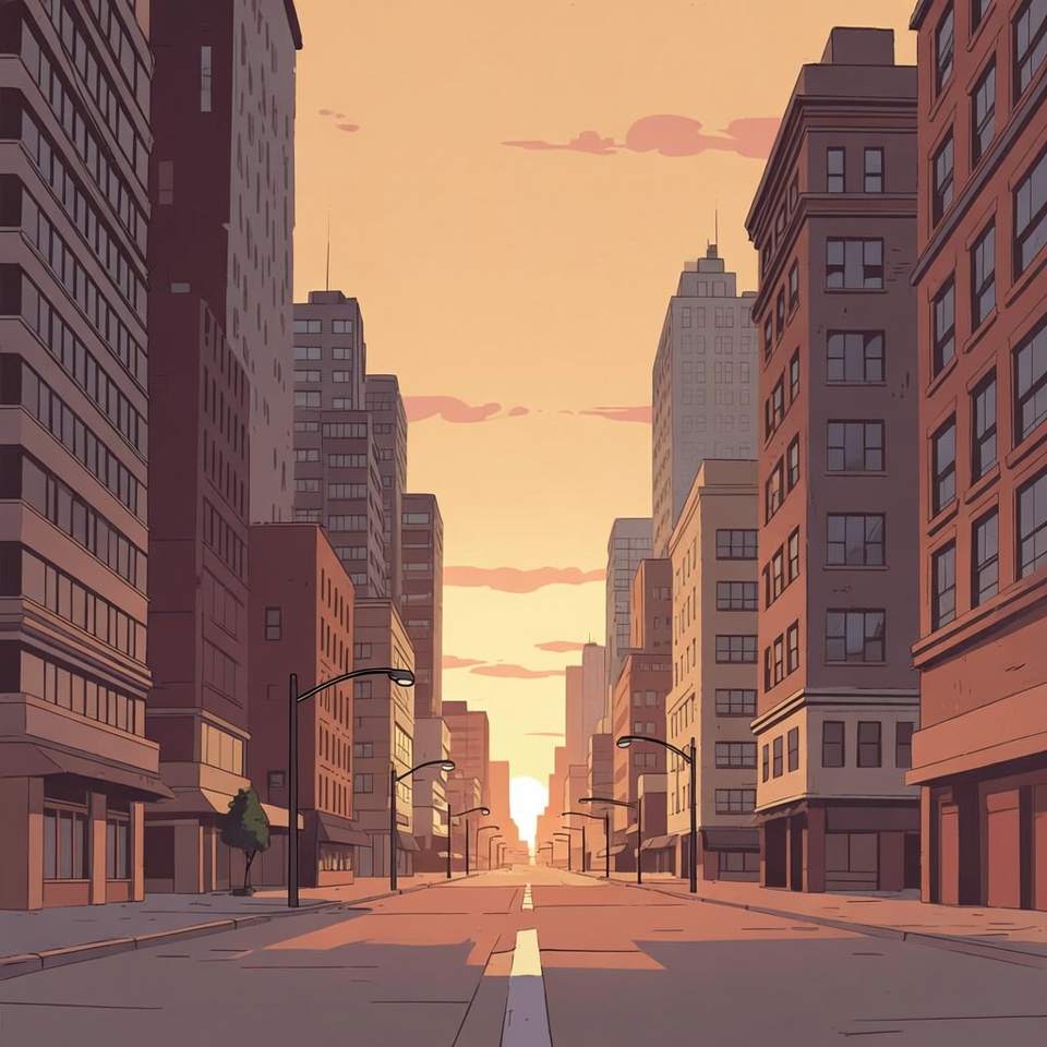 Anime City Street At Sunset With Warm Light — Anime Art