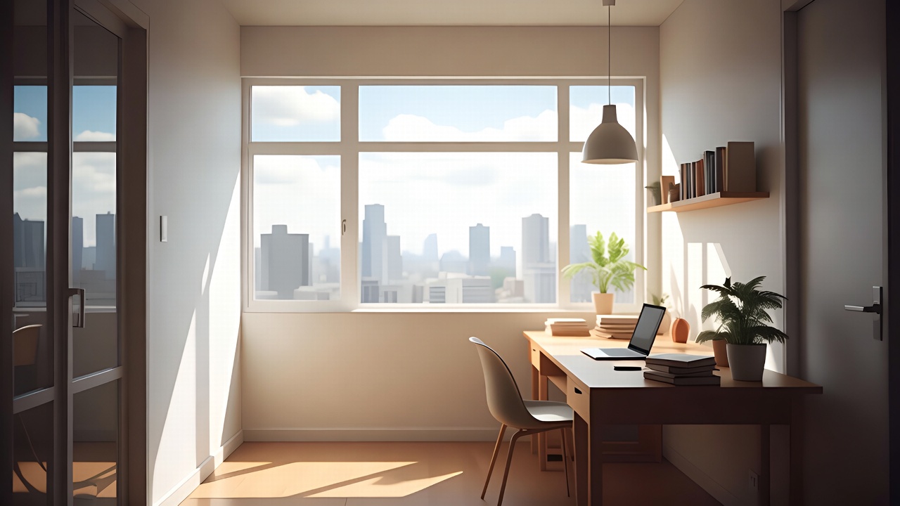 A Bright Home Office With A City View — Interior