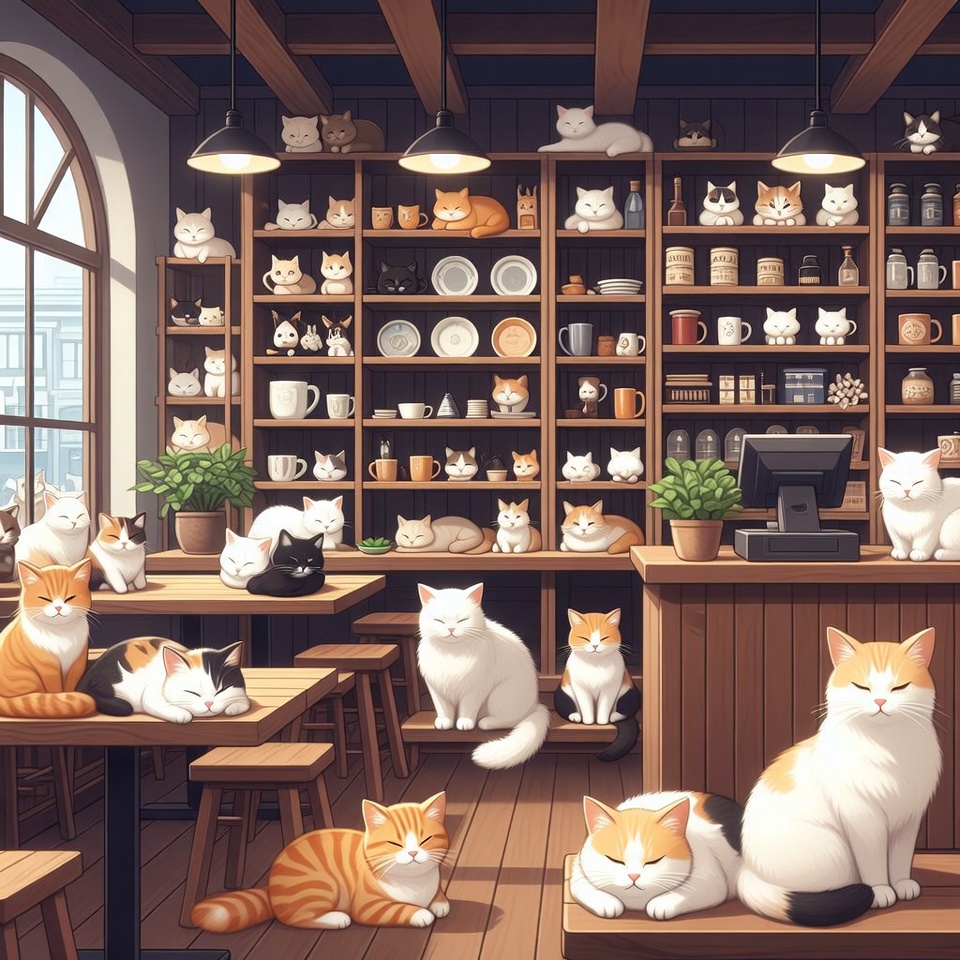 A Cozy Cat Cafe Full Of Sleepy Cats — Anime Art
