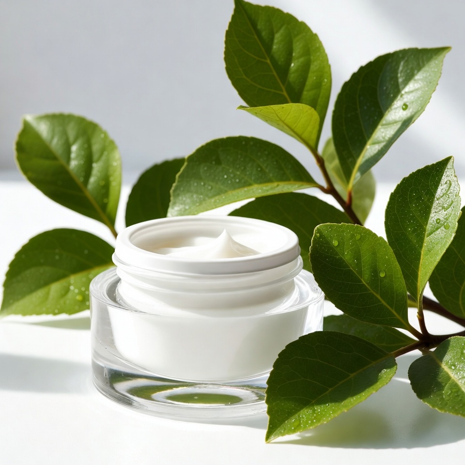 A Skincare Cream Jar With Fresh Leaves — Product Shot