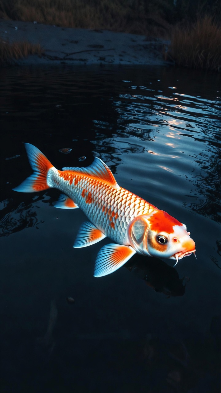 Koi Fish Swimming In A Moonlit Pond — Phone Wallpaper