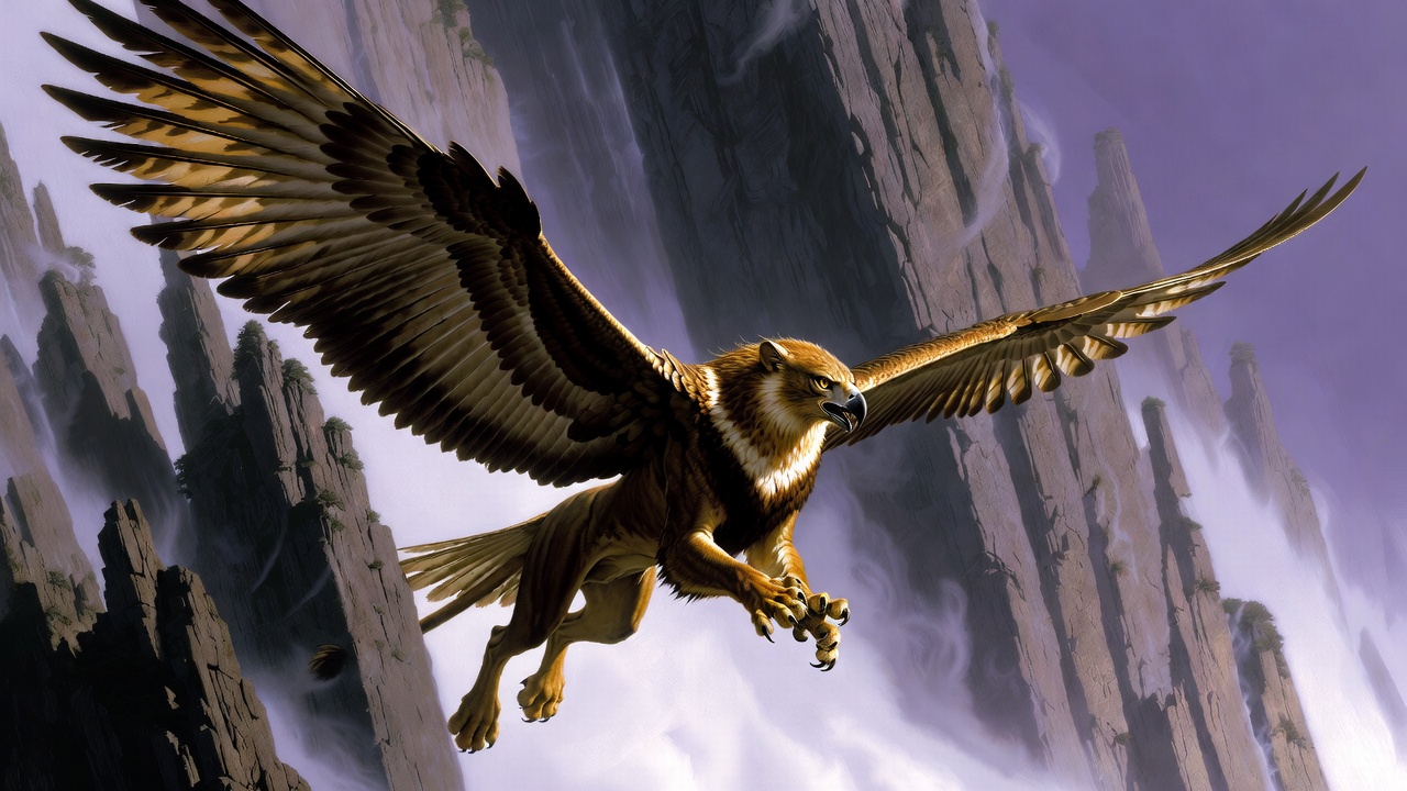 A Griffin Soaring Over Jagged Cliffs — Fantasy