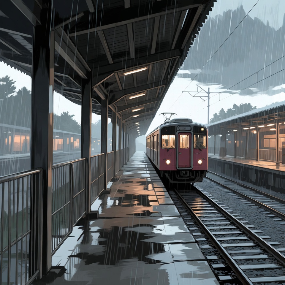 Rainy Day At A Quiet Anime Train Station — Anime Art