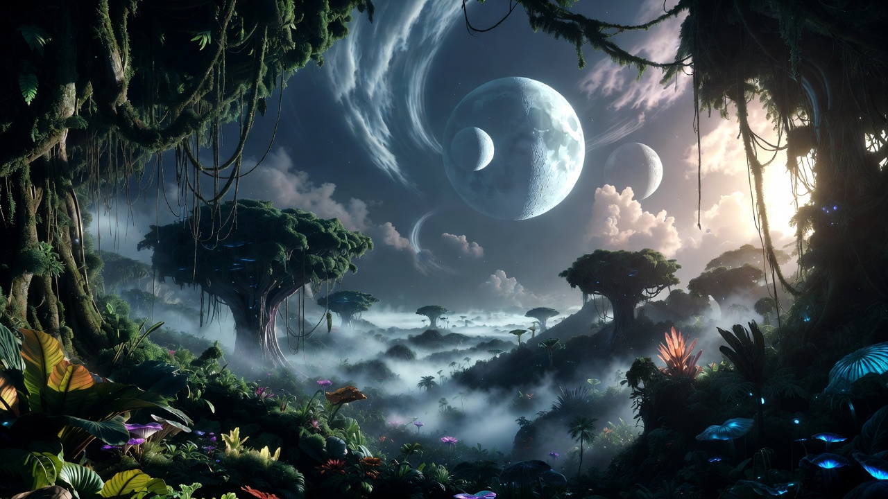 An Alien Jungle Planet With Twin Moons — Sci-Fi Scene