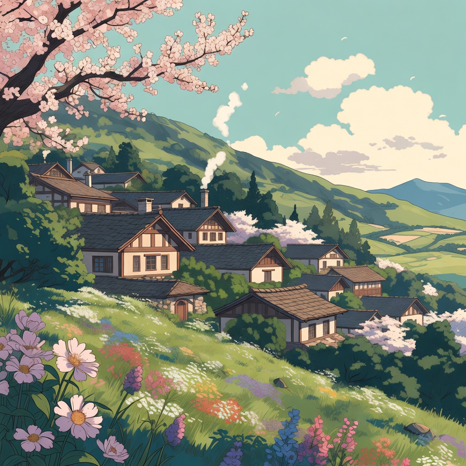 Ghibli Style Hillside Village In Spring — Anime Art