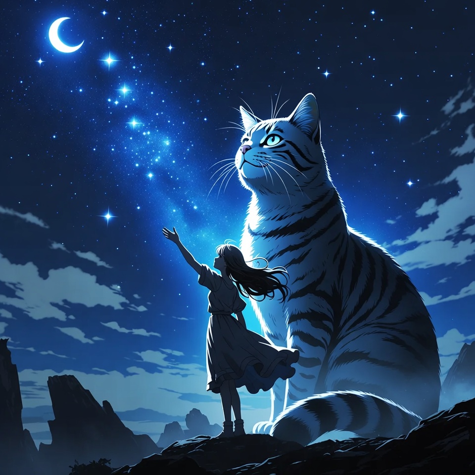 A Girl And A Giant Cat Watching The Stars — Anime Art
