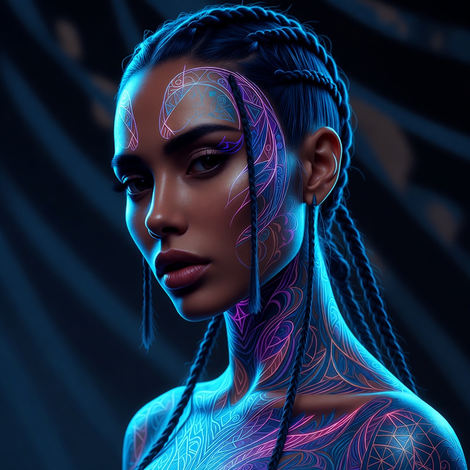 A Cyberpunk Woman With Glowing Tattoos — Character Portrait