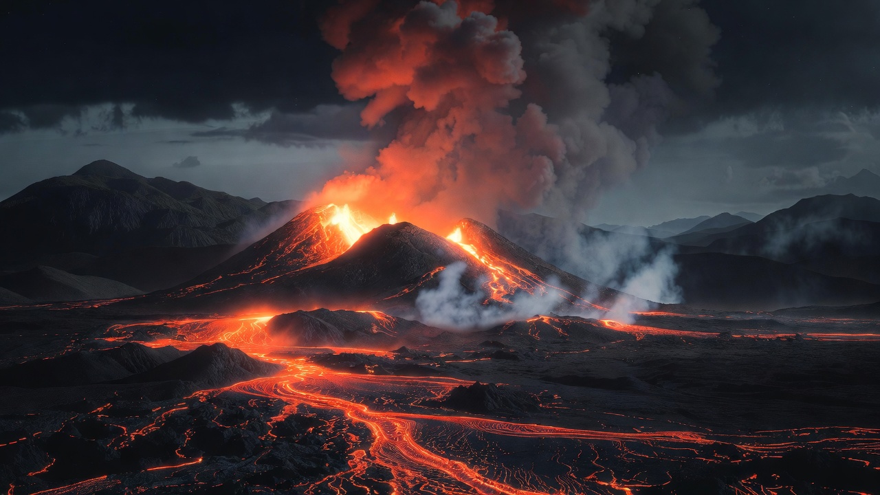 A Volcanic Eruption Glowing At Night — Desktop Wallpaper