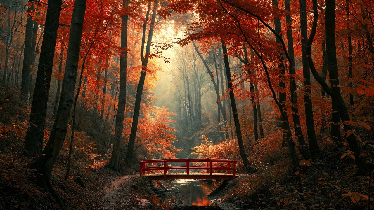 Autumn Maple Forest With A Red Footbridge — Desktop Wallpaper