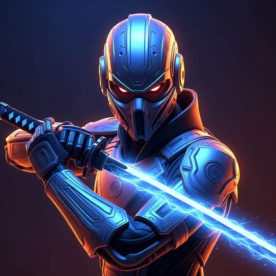 A Cyber Ninja Gripping A Glowing Katana — Character Portrait
