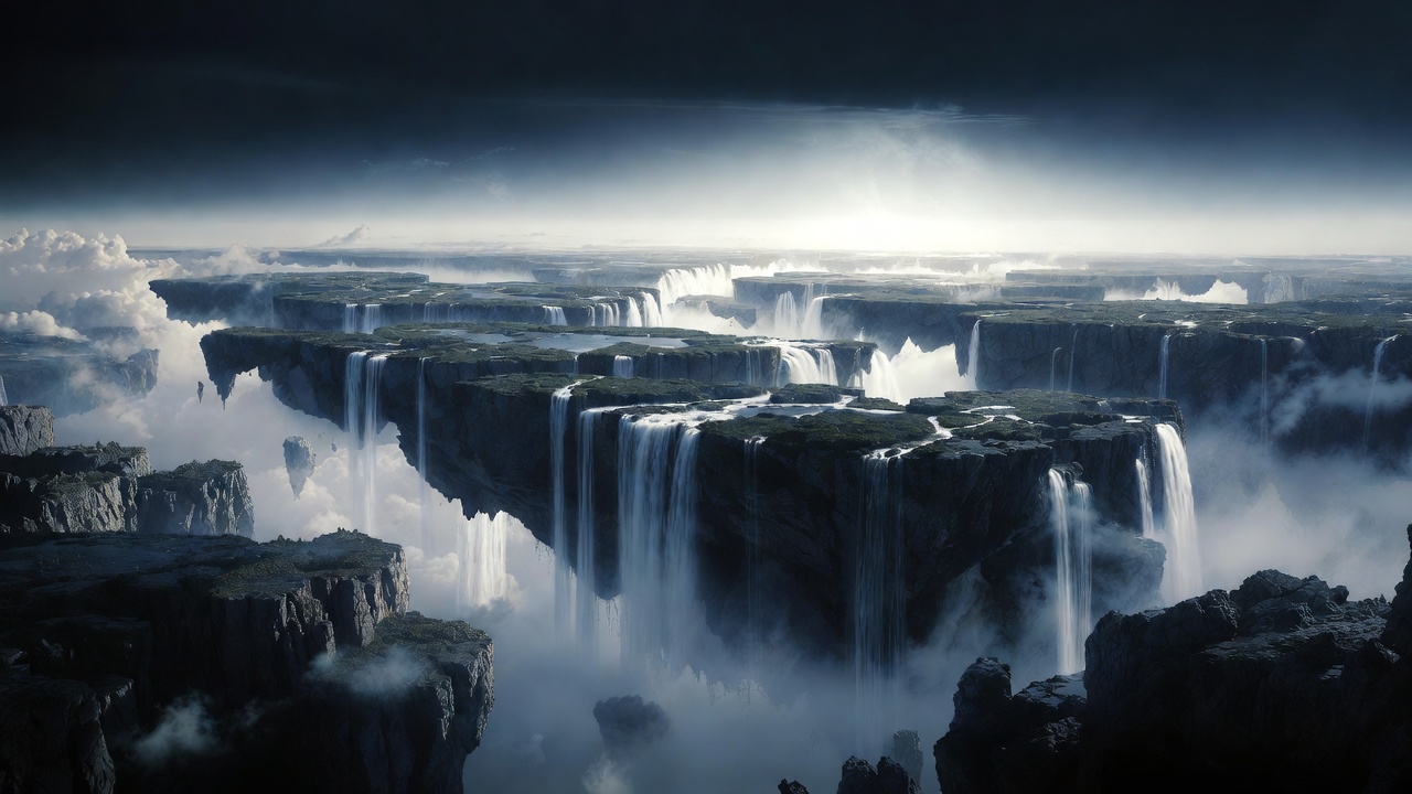 Floating Islands Connected By Waterfalls — Sci-Fi Scene