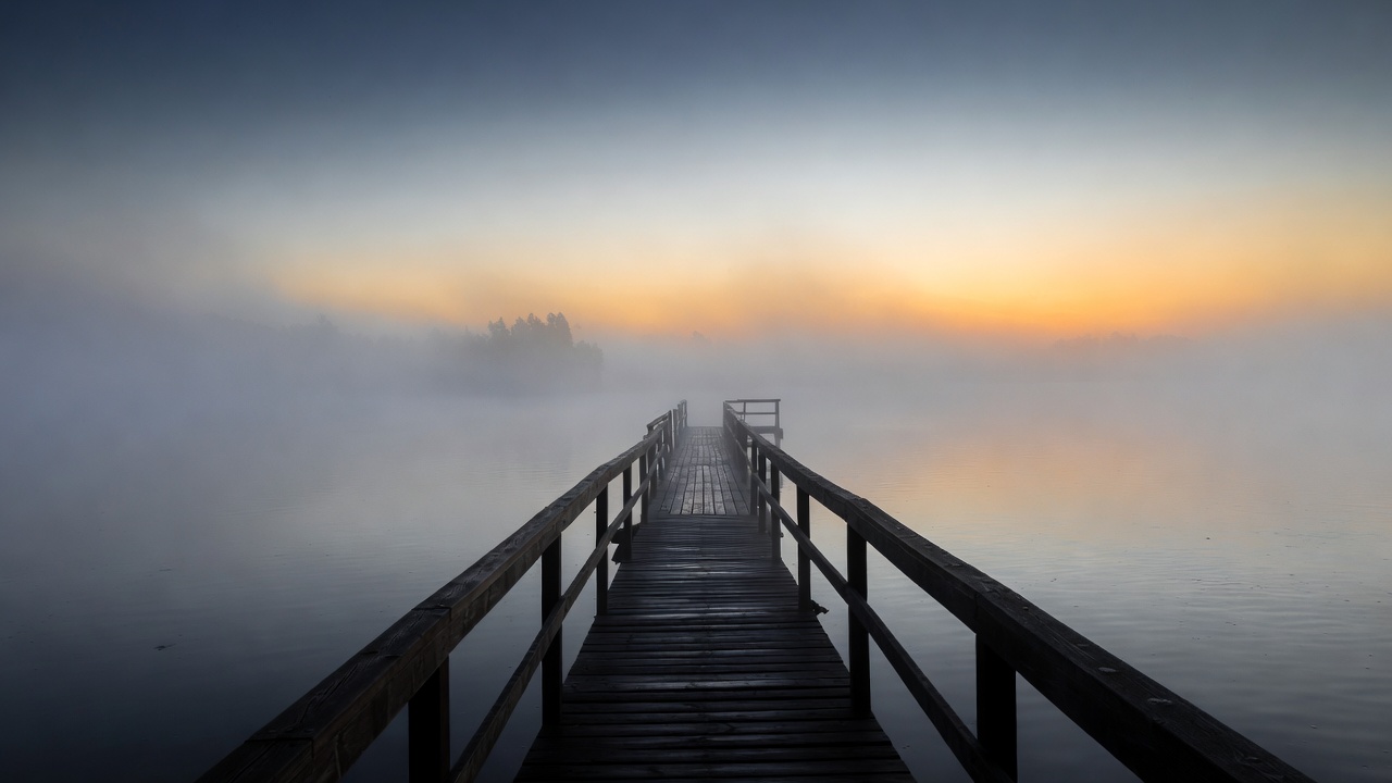 A Foggy Lake With A Wooden Dock At Dawn — Desktop Wallpaper