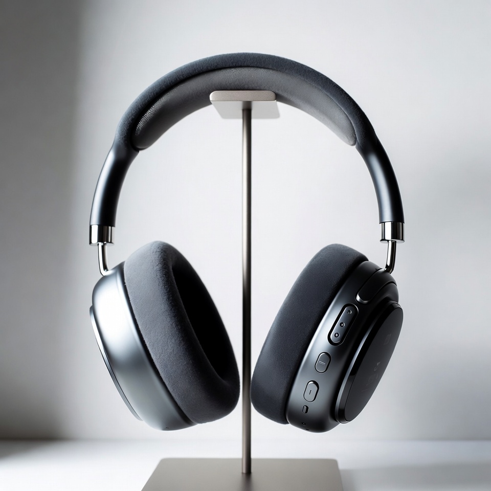 Wireless Headphones On A Minimal Stand — Product Shot
