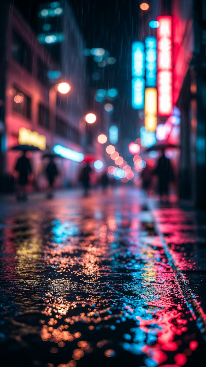 Rainy City Street With Bokeh Neon Reflections — Phone Wallpaper