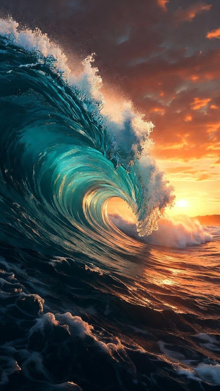 Giant Ocean Wave Curling At Sunset — Phone Wallpaper