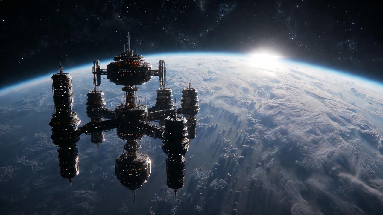 A Vast Space Station Orbiting A Planet — Sci-Fi Scene