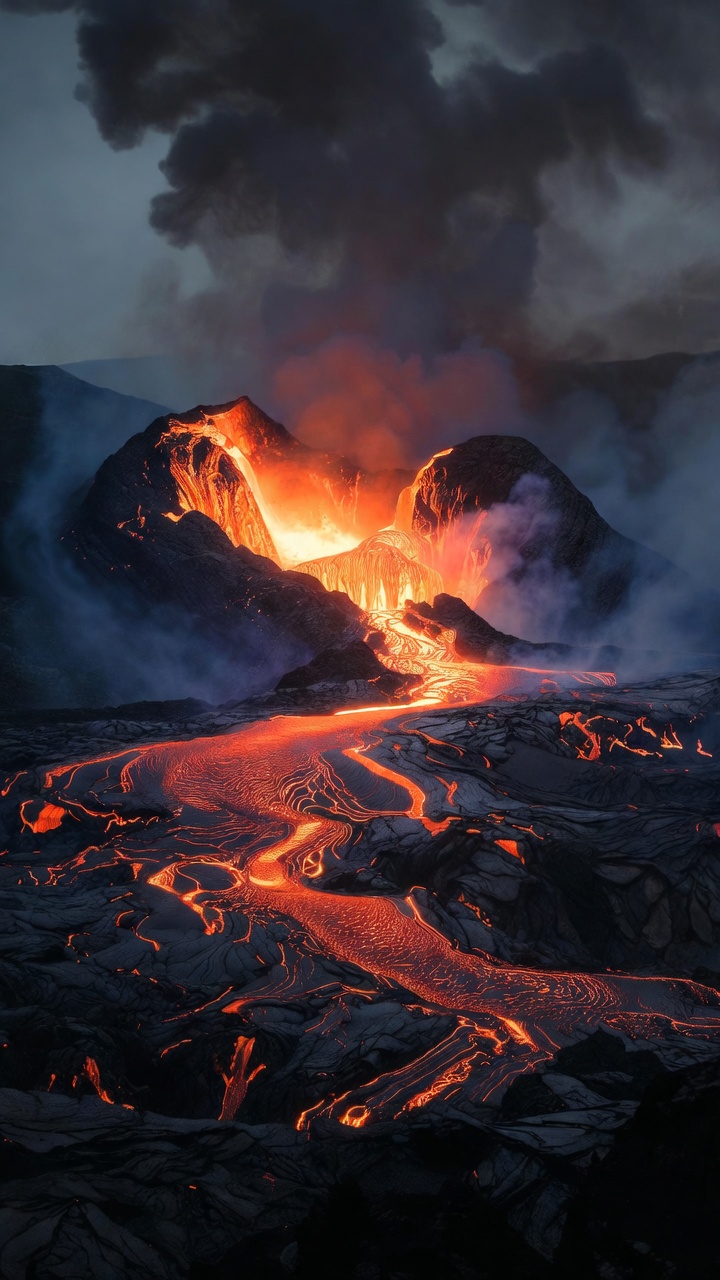 Glowing Lava Flow On A Dark Volcano — Phone Wallpaper