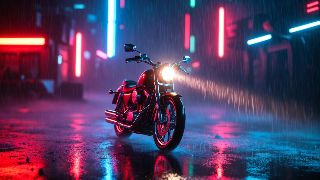 A Neon-Lit Motorcycle In The Rain — Cyberpunk