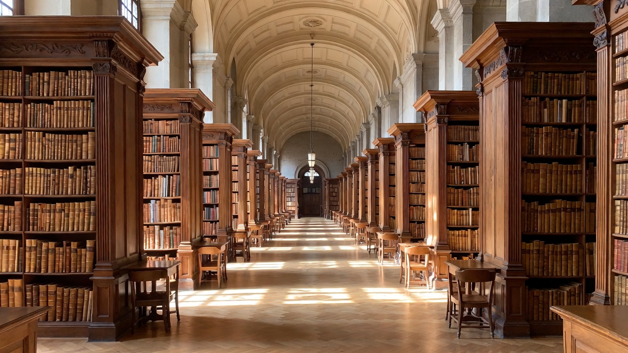 A Grand Library Hall With Tall Shelves — Interior