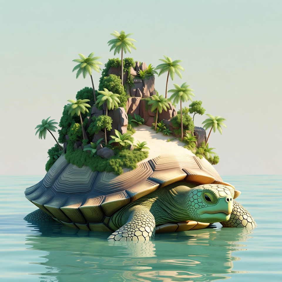 A Tiny Island Riding On A Turtle'S Back — 3D Render