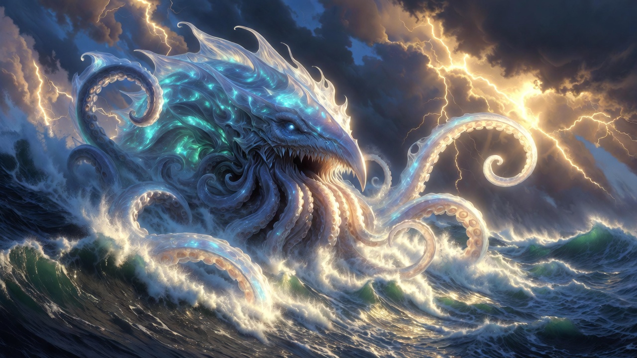 A Kraken Rising From A Stormy Sea — Fantasy